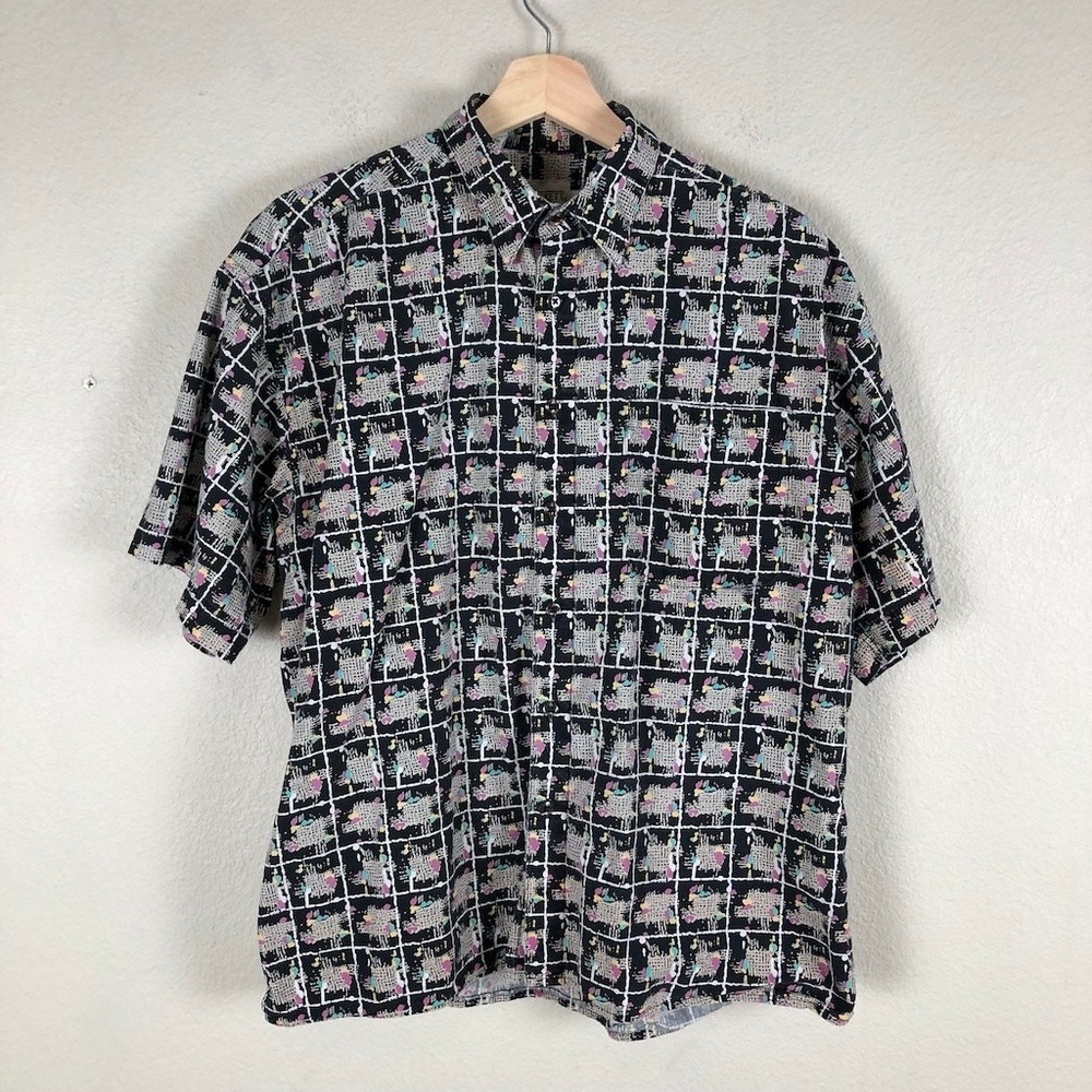 Vintage JT Beckett Abstract Shirt Men M Black Geo Print 100% Cotton 90s Camp